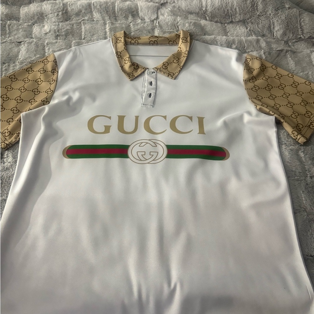 Gucci White and Tan Logo Polo Shirt